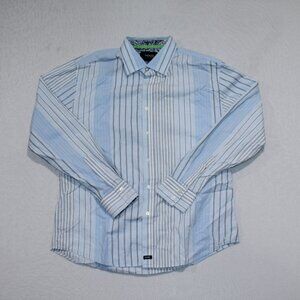 Nick(It) Men Blue Stripes Shirt Dress Shirt Casual  Long Sleeve Size Large